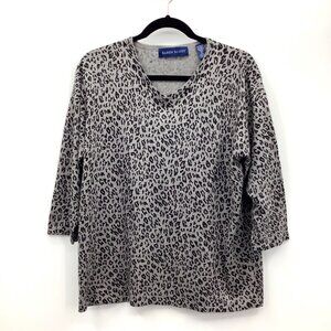Karen Scott V-Neck Knit Sweater Grey Animal Print XL